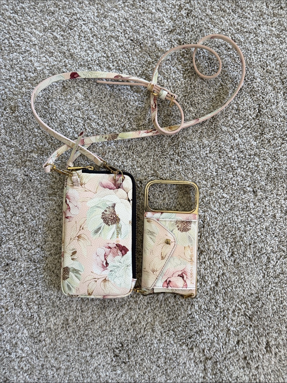 Bandolier Floral Crossbody Phone Case with Card Holder & Pouch - Pink Floral
